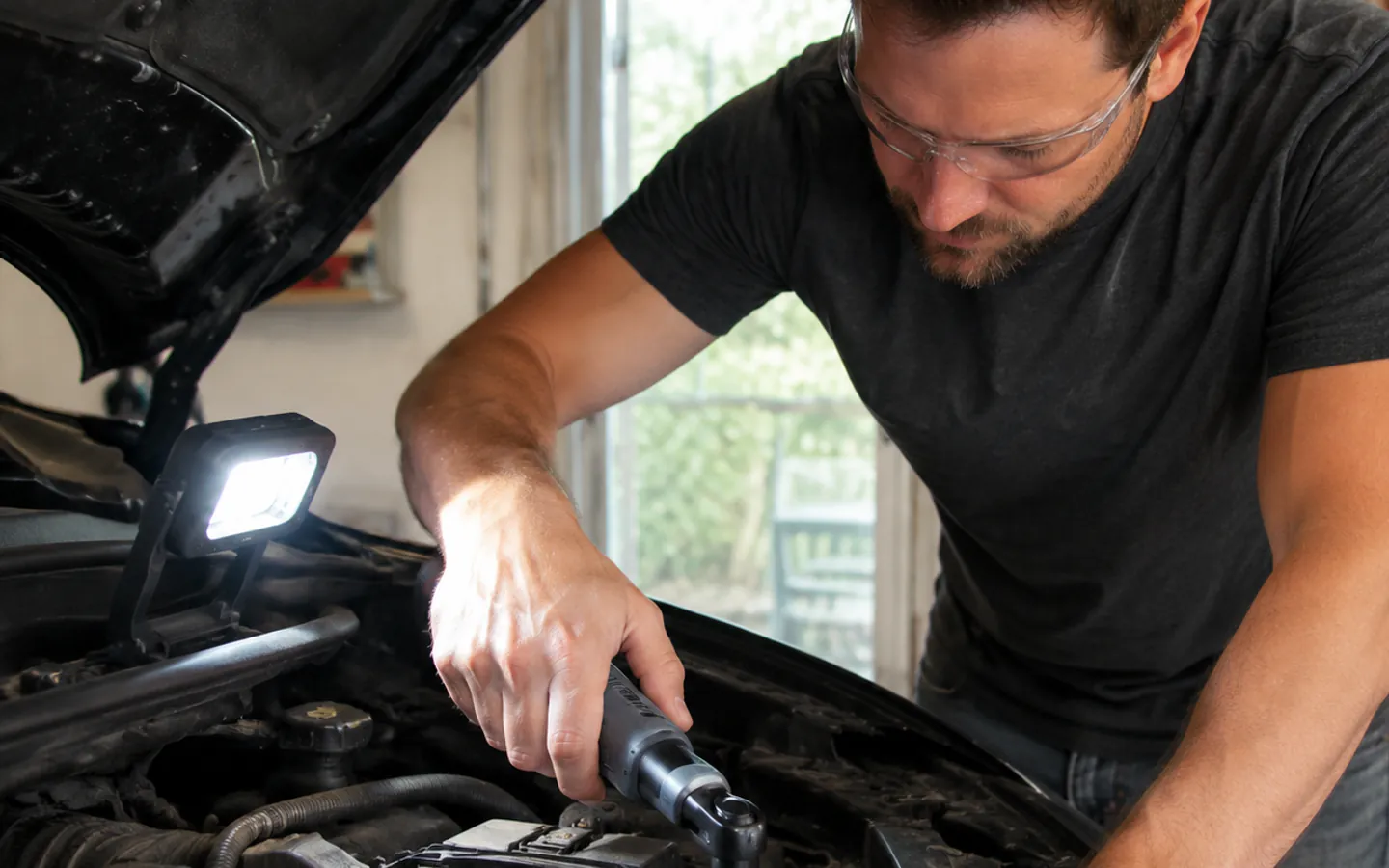 A homeowner using a compact cordless ratchet on a recessed fastener in an engine bay.