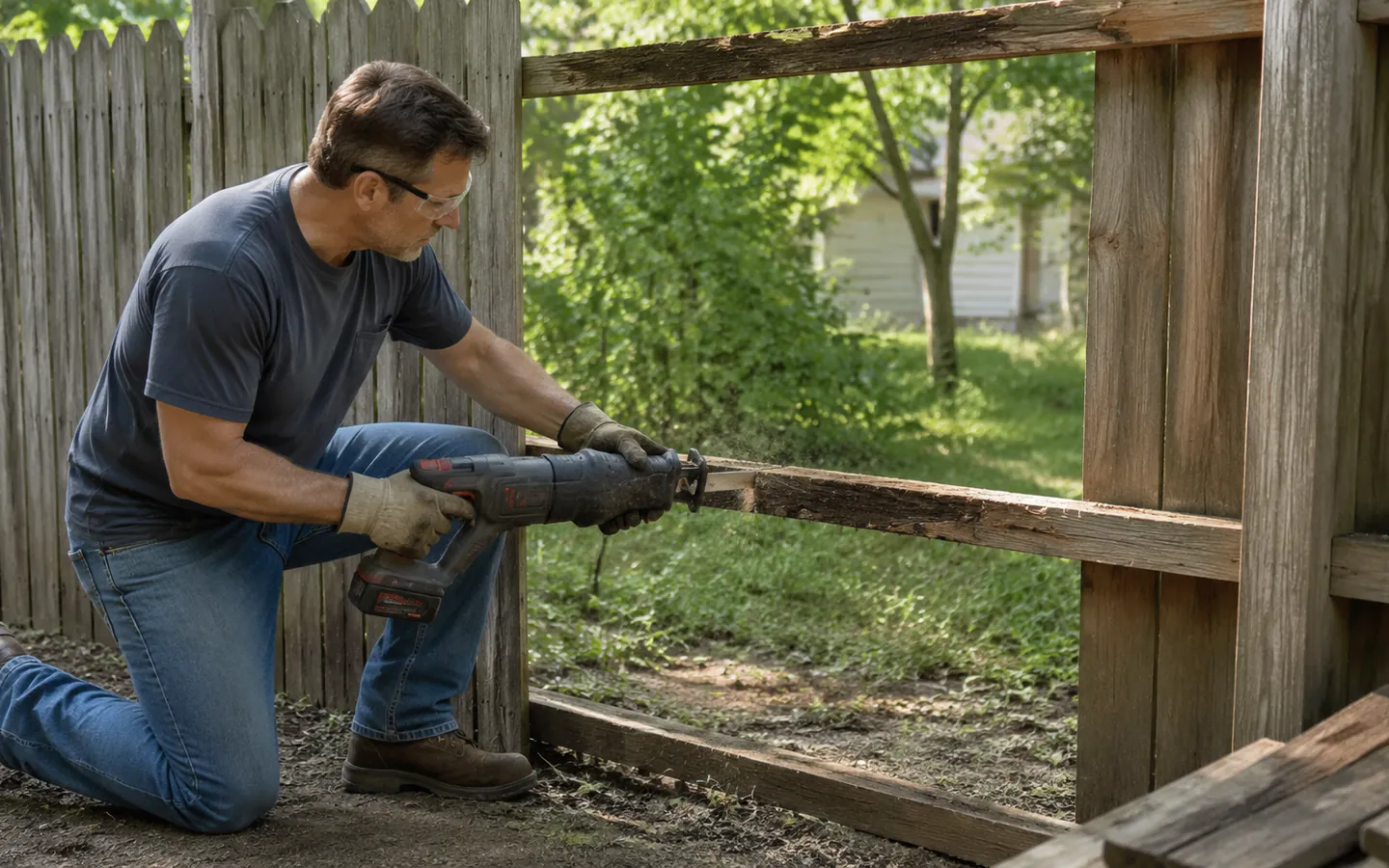 A homeowner using a reciprocating saw to remove a damaged fence rail in an open work area.
