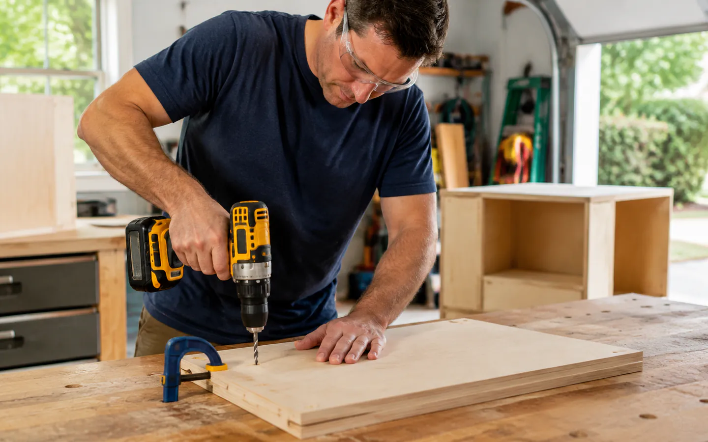A homeowner drilling a pilot hole into a cabinet side panel on a supported workbench.