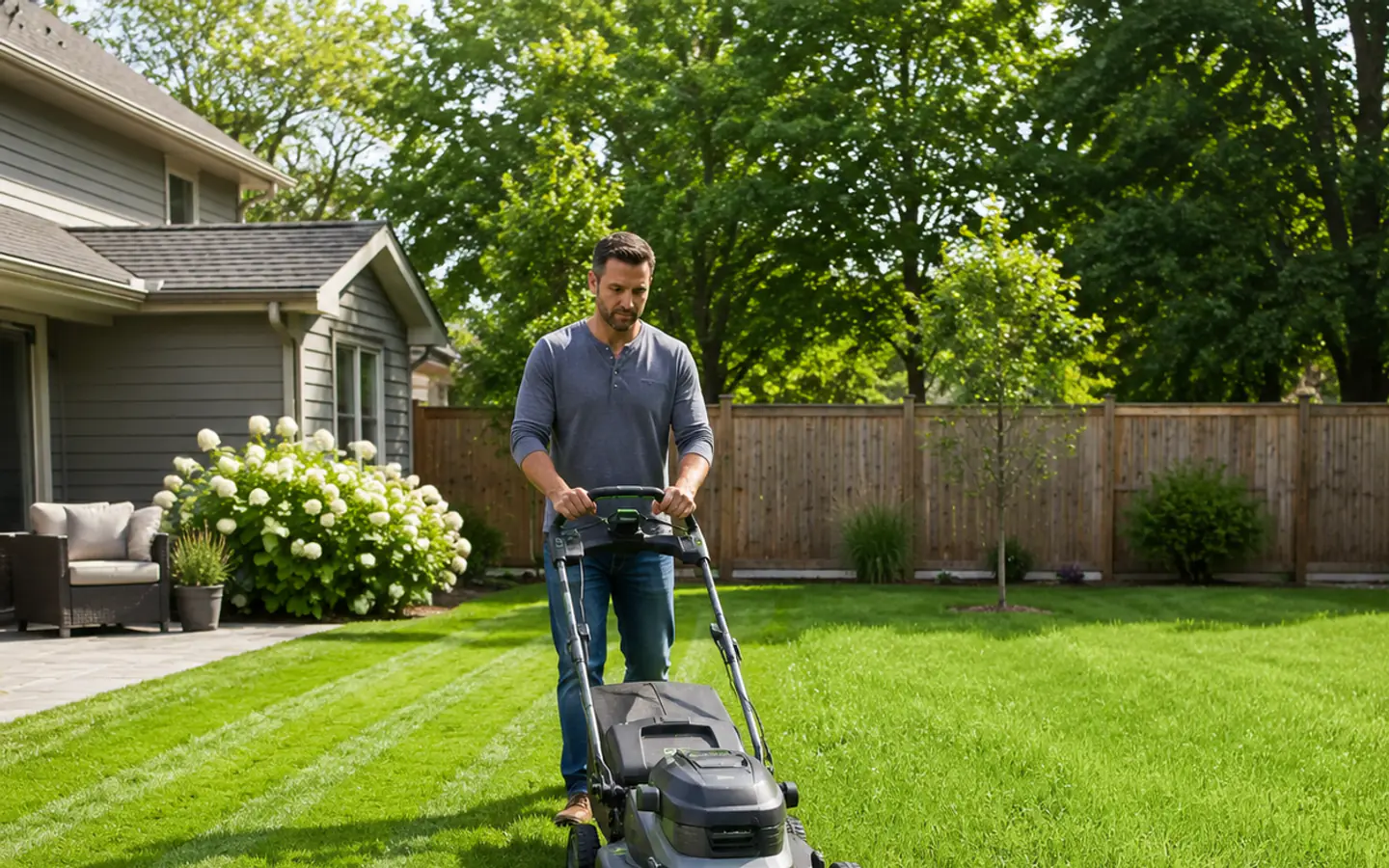 A homeowner pushing a battery lawn mower along a clear route across a suburban yard.