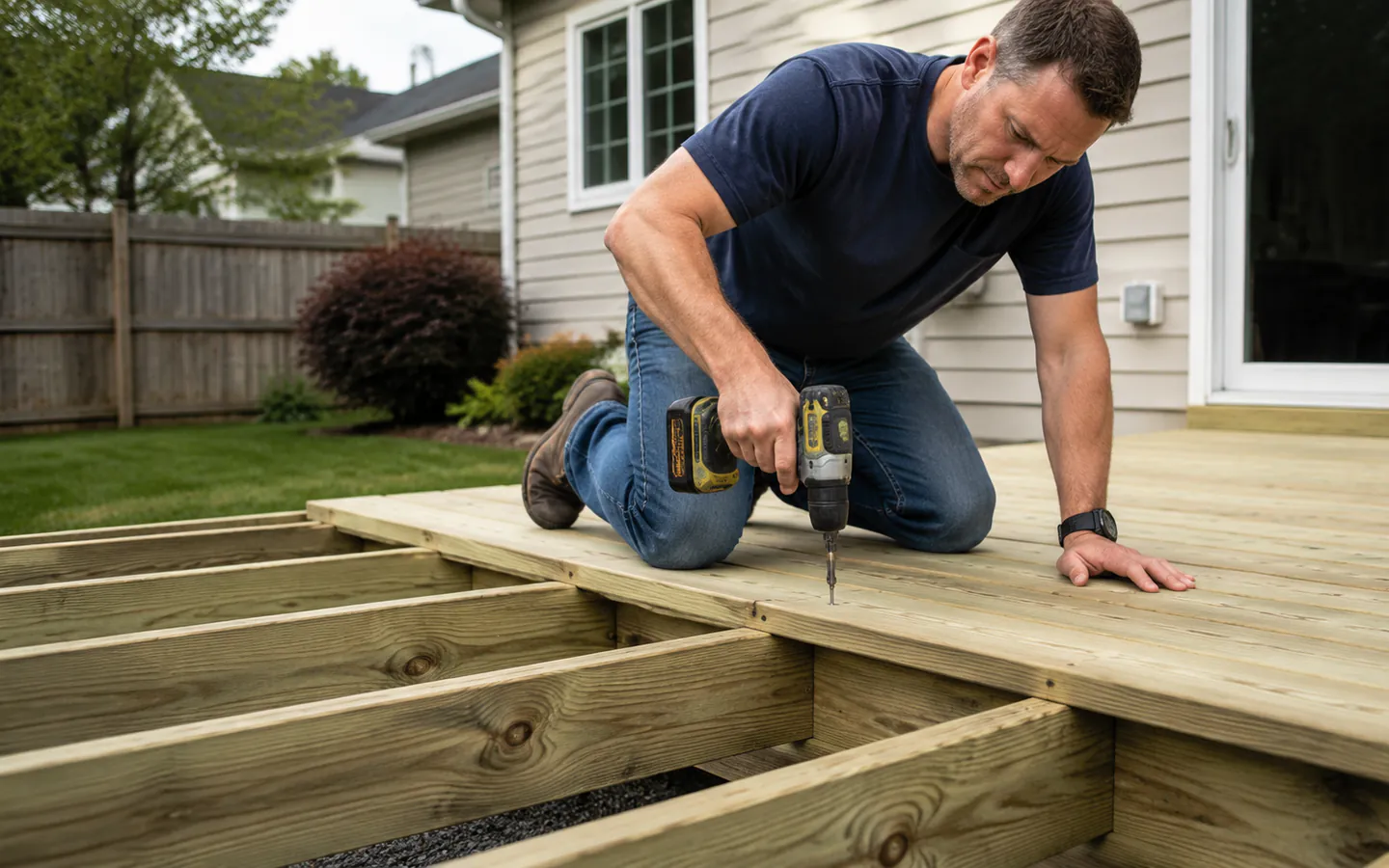 A homeowner fastening a deck board with a cordless driver above visible framing.