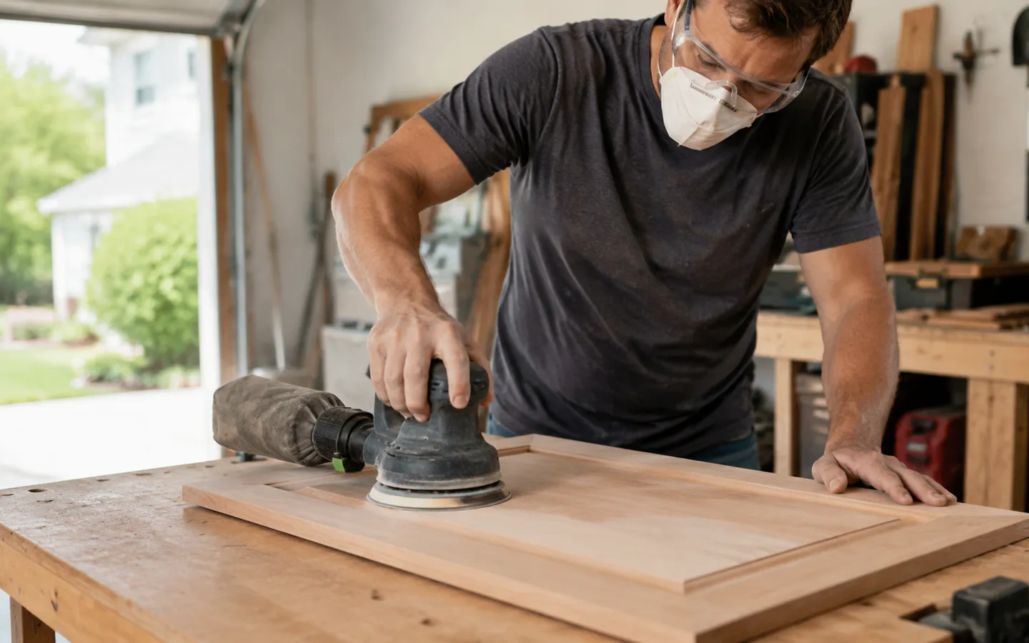 A homeowner smoothing a cabinet door with a cordless random orbit sander on a workbench.