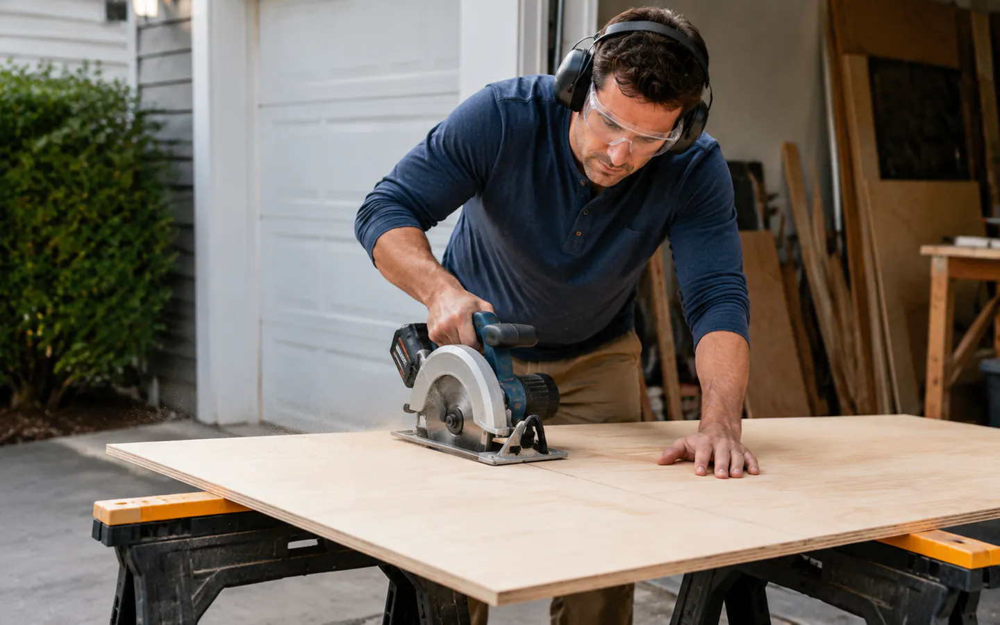 A homeowner making a supported straight cut through plywood with a cordless circular saw.